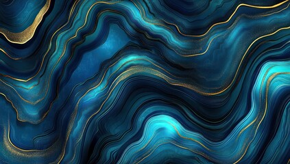 Obraz premium Abstract marbled design with deep blues, turquoise, and gold