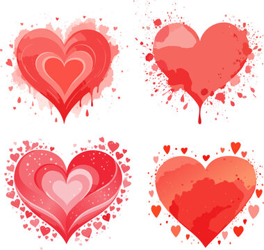 Hearts bundle set, Red watercolor heart shape splash, Watercolor heart background icon with splash closeup isolated on white background. Valentines day holiday card. Hand painting on paper. Art design