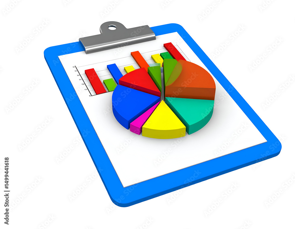 Poster data analysis shown via charts on a clipboard