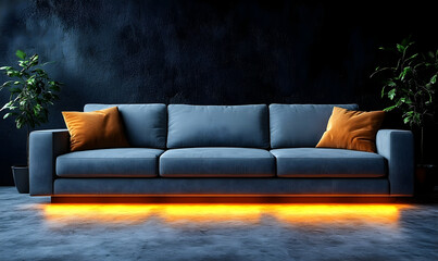 Gray couch with orange accent pillows and warm lighting set against a dark textured wall, plants on either side