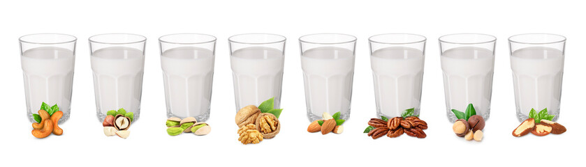 Different types of nut milk in glasses isolated on white, set