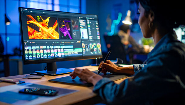 Digital artist working late at night on graphic design project in modern studio workspace with vibrant colors and technology