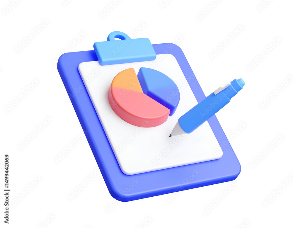 Poster 3D rendering of a clipboard with a pie chart and pen