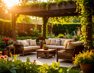 Cozy garden seating area under a pergola surrounded by vibrant flowers in the late afternoon sun