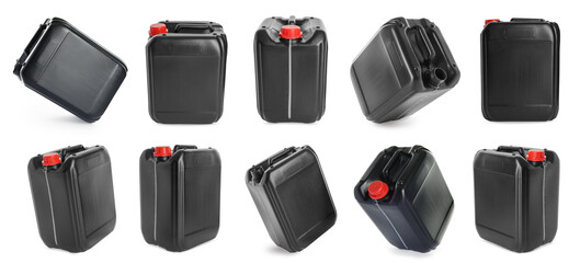 Plastic canister on white background, collage. View from different sides