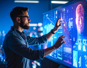 Man interacts with advanced data visualization technology in a modern workspace during evening hours