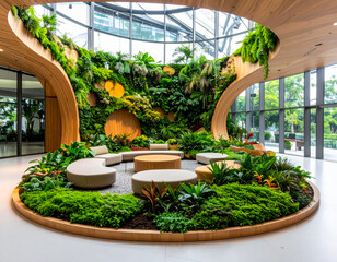 Indoor garden space featuring lush greenery and modern design with circular seating in a contemporary building
