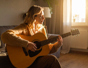 Woman playing acoustic guitar in cozy living room during golden hour light