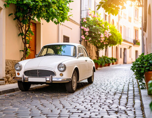 Classic white car parked on cobblestone street in charming European neighborhood during golden hour