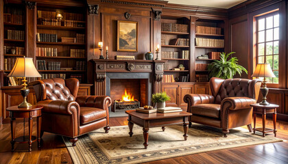 Cozy living room with elegant furniture and a warm fireplace in a rustic wooden setting