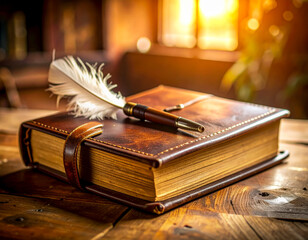 Vintage leather journal with quill pen resting on wooden desk in warm sunlight
