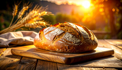 Freshly baked bread resting on a wooden board with golden sunlight in the background during sunset
