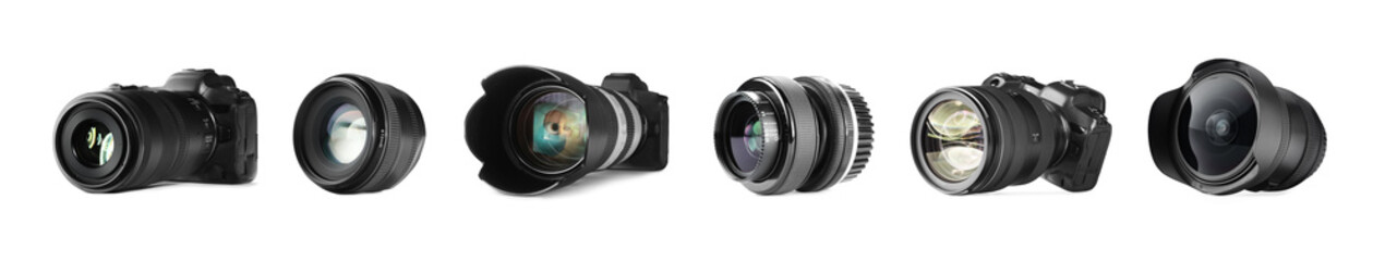 Photo camera and lenses isolated on white, set
