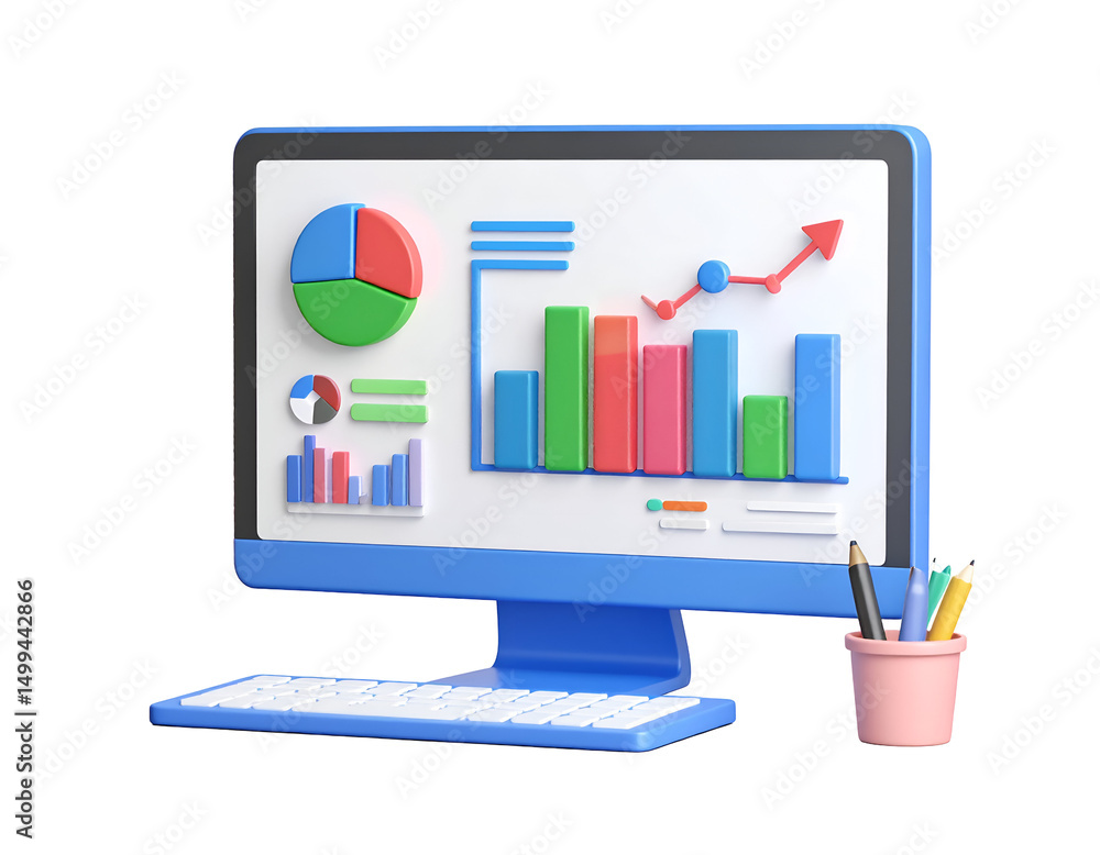 Poster colorful data charts displayed on a computer screen, alongside pencils in a cup