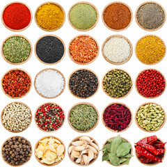 Different aromatic spices in bowls isolated on white, set. Top view