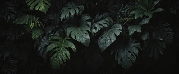 Dark, lush tropical leaves and vines intertwine on a black background, creating a mysterious, shadowy scene ,  twisted,  backdrop,  vine texture