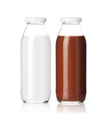 Chocolate drink and milk in glass bottles isolated on white