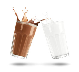 Chocolate drink and milk splashing out of glasses on white background