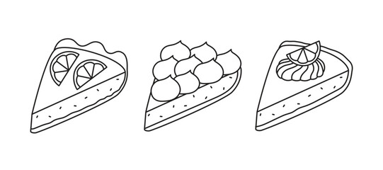 Set of outline lemon cakes with whipped cream and lemon slices. Editable stroke. Doodle drawing for t-shirt print, invitation, card, menu design
