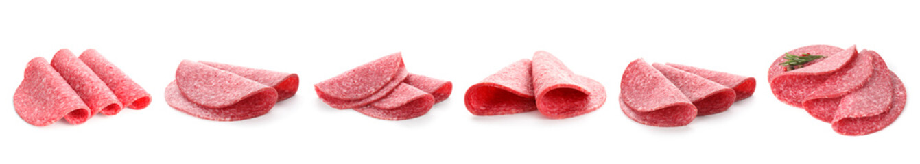 Salami sausage slices on white background, set