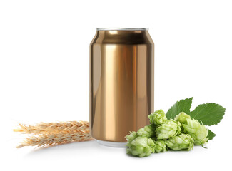 Fresh beer in can with hop flowers and ears of wheat on white background