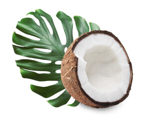 Fresh coconut and green tropical monstera leaf isolated on white