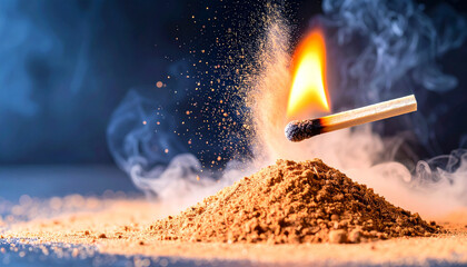  cinnamon powder with lit match. Background concept. Generated Image