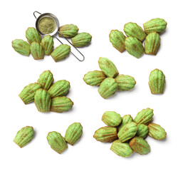 Tasty matcha madeleine cakes on white background, set. Top view