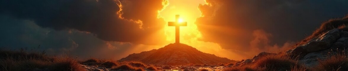 A symbolic depiction of resurrection; an empty tomb, sun rays illuminating a cross, signifying new life and hope Perfect for Easter, religious themes, and spiritual concepts , cathedral, sacred