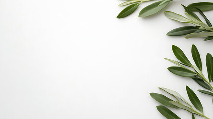 Green leaves frame a pristine white background, creating a refreshing and natural border. Elegant, minimalist composition, perfect for design.