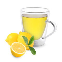 Tea in glass cup and fresh lemons on white background