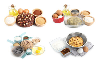 Different types of dough and ingredients isolated on white, set