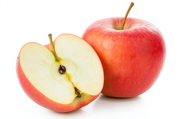 Maçã cortada ao meio sobre fundo branco. Imagem em close-up.
