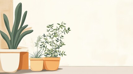Botanical Illustration of Potted Plants. Artistic Depiction of Houseplants in Pots Featuring Rich Details and Natural Colors. Indoor Garden Concepts.