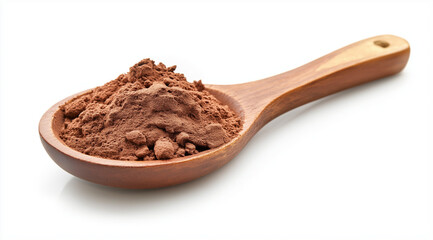 Cacau em pó em uma colher de pau isolada no fundo branco.