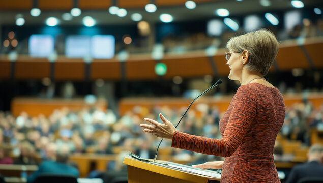 Mulher europeia discursando em confer&ecirc;ncia internacional, Fotografia de pessoas