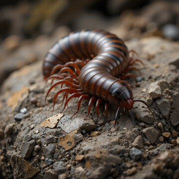 Megarian banded centipede (Scolopendra cingulata) on rock.