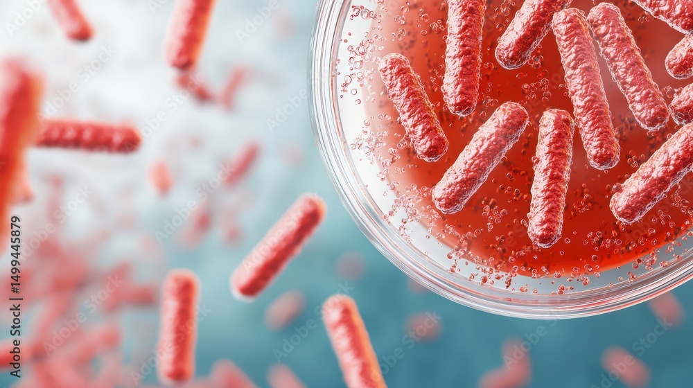 Poster close-up view of bacteria in laboratory culture medium with vivid red coloration and dynamic backgro