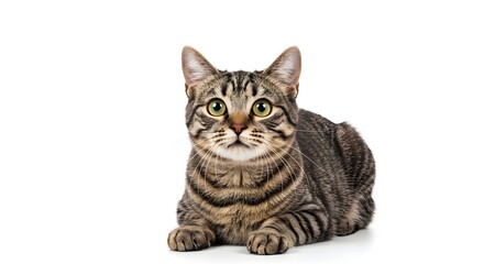 Surprised Cat with Wide Eyes and Ears Perked Up Against White Background