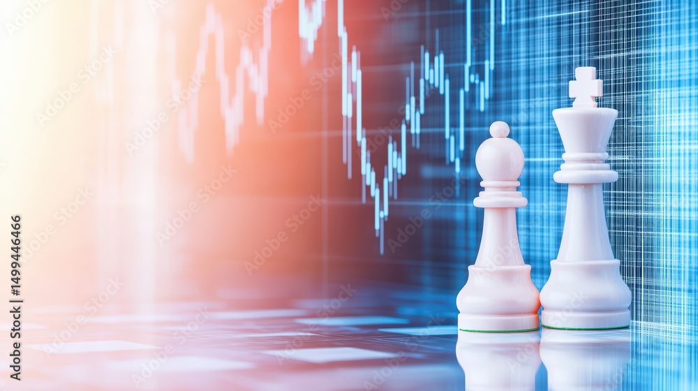Poster white chess pieces standing on a reflective surface against a financial graph background in a concep