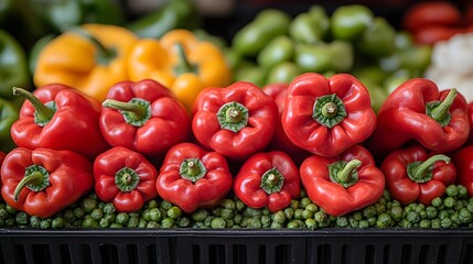 A close-up shot of vibrant red bell peppers displayed on a bed of green peas in a dark container, with blurred yellow and green peppers in the background