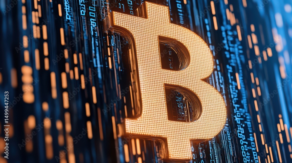 Aufkleber digital cryptocurrency concept with illuminated bitcoin symbol on technological background in blue a