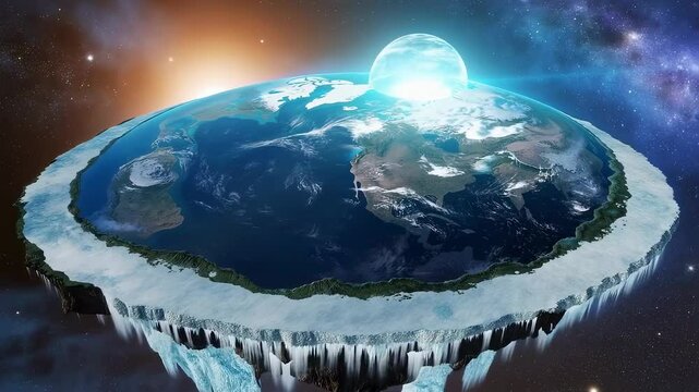 Conceptual illustration of flat Earth theory with ice rim, sun and moon over disc-shaped planet in outer space, visualizing pseudoscience and alternative worldview in cosmic environment
