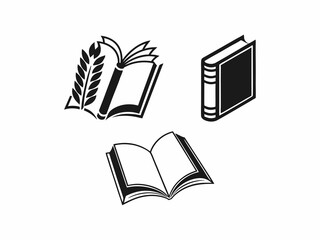 A set of black and white, stylized icons depicting various books and a quill feather.