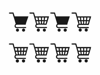 A set of nine simple, black and white shopping cart icons, suitable for web design, apps, or marketing materials.