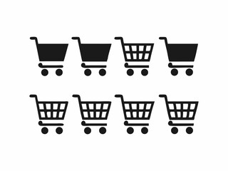 A set of nine simple, black and white shopping cart icons, suitable for web design, apps, or marketing materials.