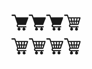 A set of nine simple, black and white shopping cart icons, suitable for web design, apps, or marketing materials.
