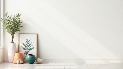 Aesthetic home interior design featuring an olive tree, a botanical artwork, and various decorative vases, creating a harmonious and inviting atmosphere. 