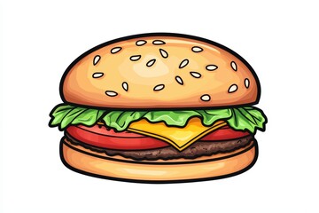 Delicious classic hamburger with sesame seed bun, fresh vegetables, and melted cheese on white background