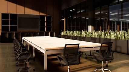 interior design conference meeting room with big glass window, projector screen, potted plants, wood furniture office
